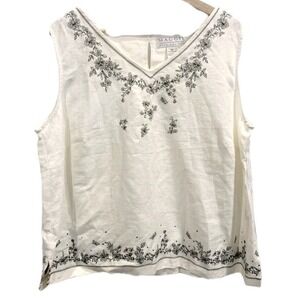 Maggie Mc Naughton Linen Blouse Size 2x Sleeveless Cream Embroidered